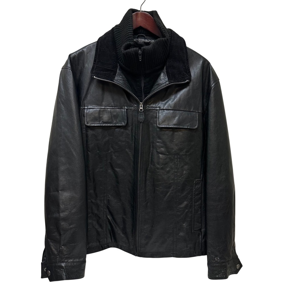 St Johns Bay Mens Black Genuine Leather Jacket Mock Neck Quilted Lining Large